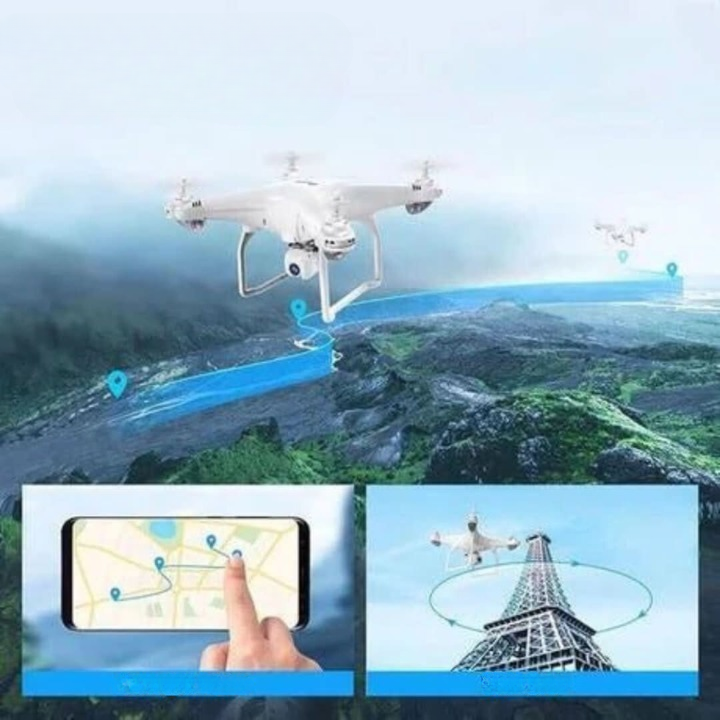 Gros plan du drone professionnel SkyPilot avec sa caméra 3D, parfait pour la photographie aquatique.