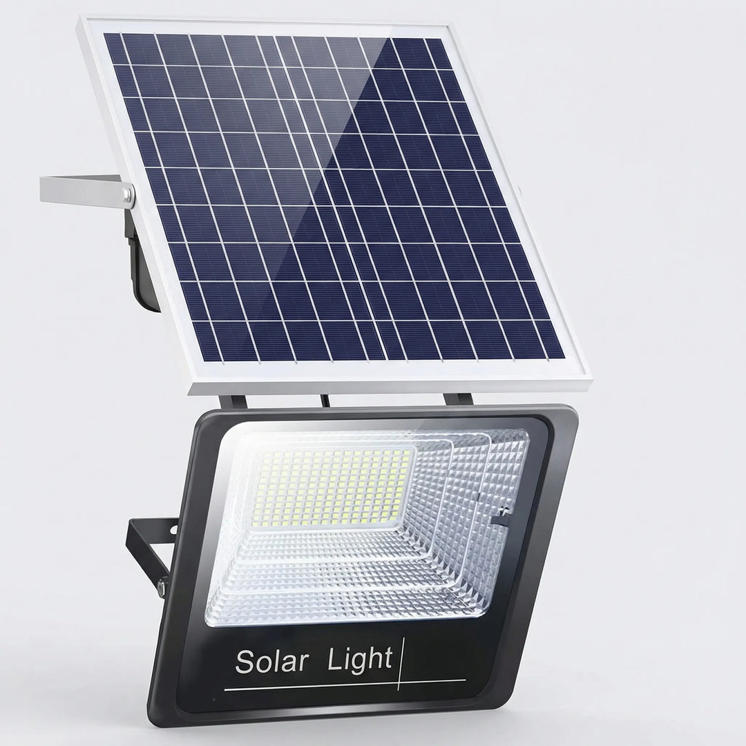 Projecteur solaire extérieur LED puissant, avec télécommande, idéal pour jardin et sécurité.