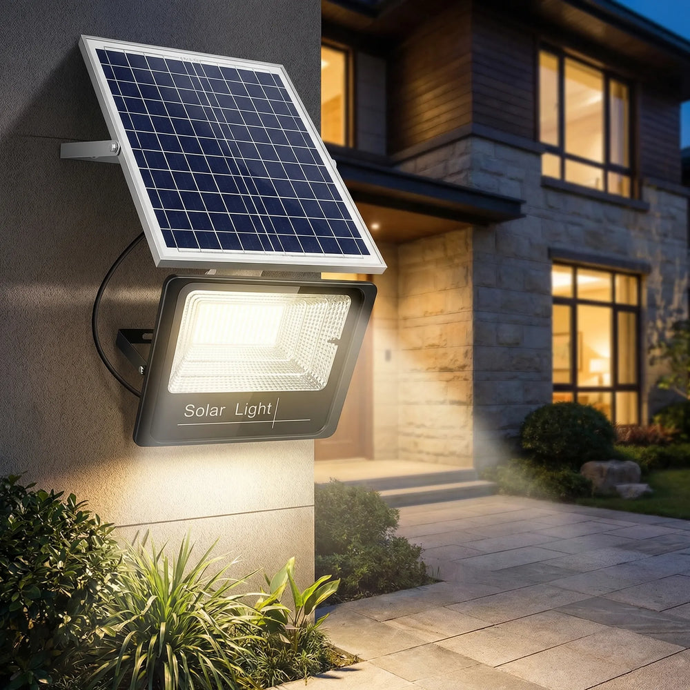 Éclairage solaire LED autonome et étanche pour extérieur. Panneau et télécommande inclus, parfait jardin.