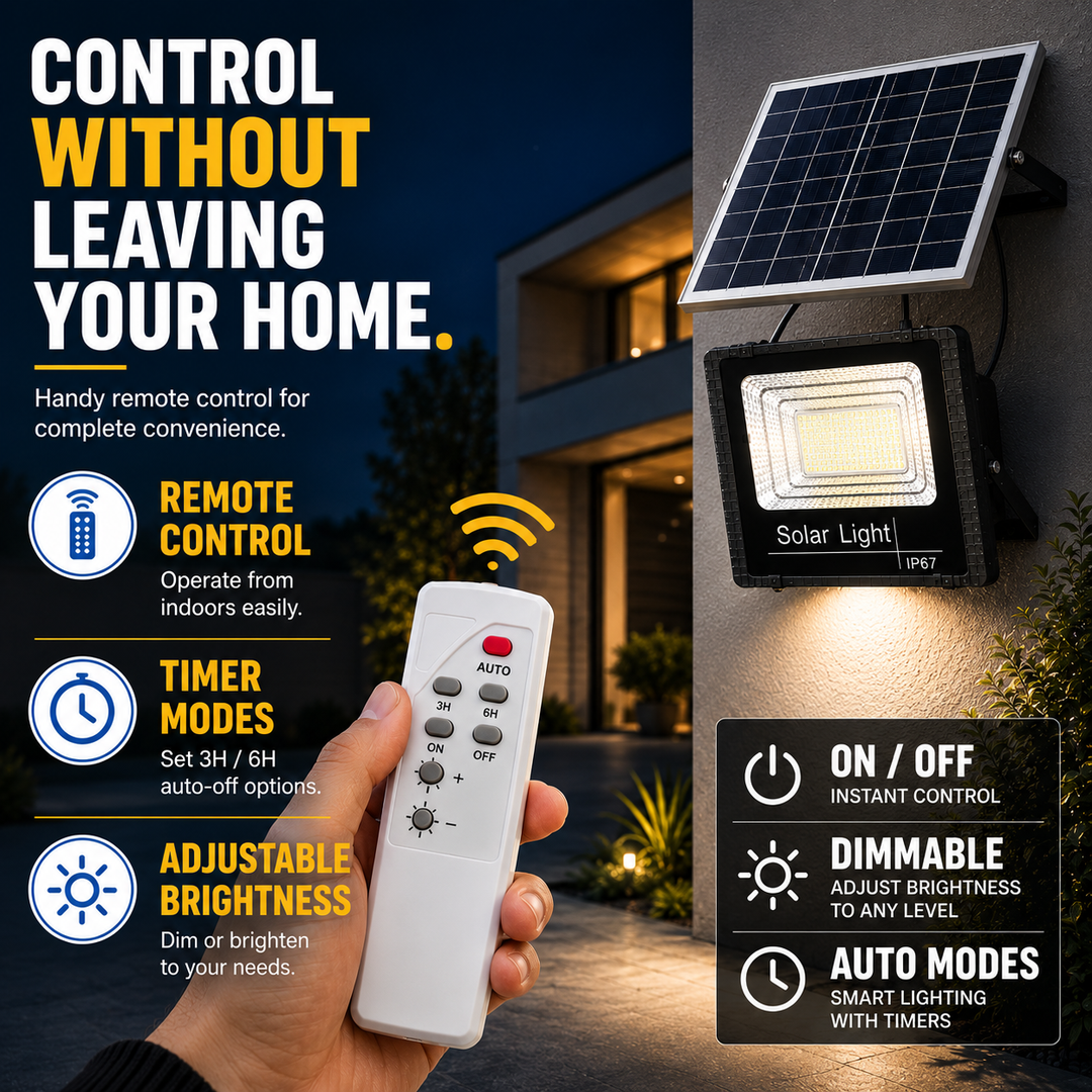 Projecteur solaire LED à économie d'énergie pour extérieur. Fixation murale, autonome, télécommande incluse.