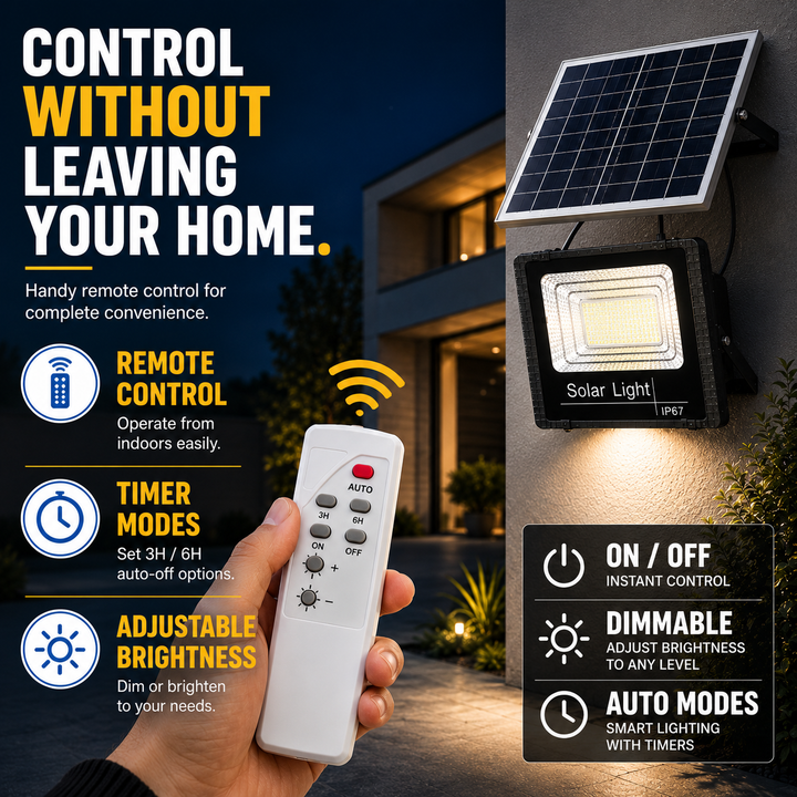 Projecteur solaire LED à économie d'énergie pour extérieur. Fixation murale, autonome, télécommande incluse.