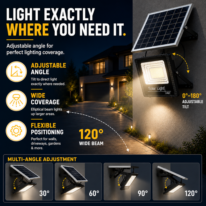 Solution d'éclairage autonome: projecteur solaire LED étanche pour jardin et sécurité, avec télécommande.