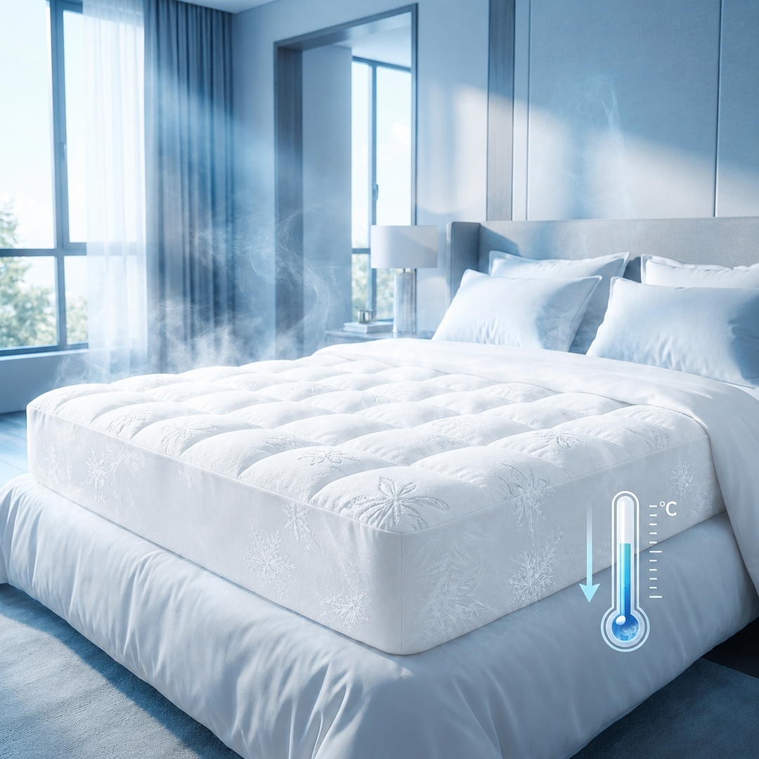 Protège-matelas rafraîchissant en bambou épais, idéal pour un sommeil frais et confortable, régule la température.