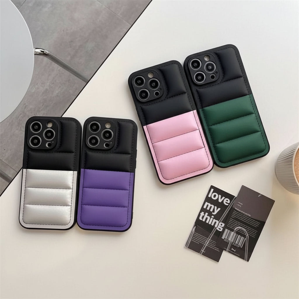 Coque iPhone puffer antidérapante, protection douce et efficace contre les chutes.