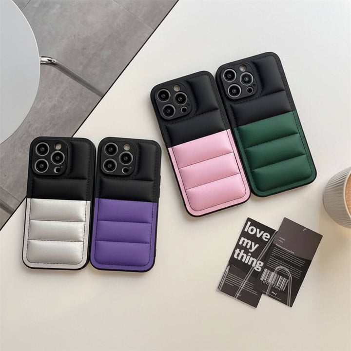 Coque iPhone puffer antidérapante, protection douce et efficace contre les chutes.
