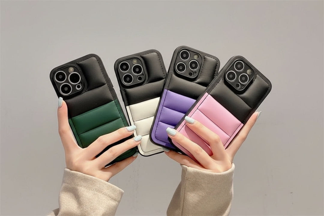 Coque iPhone puffer douce, protection antichoc style doudoune.