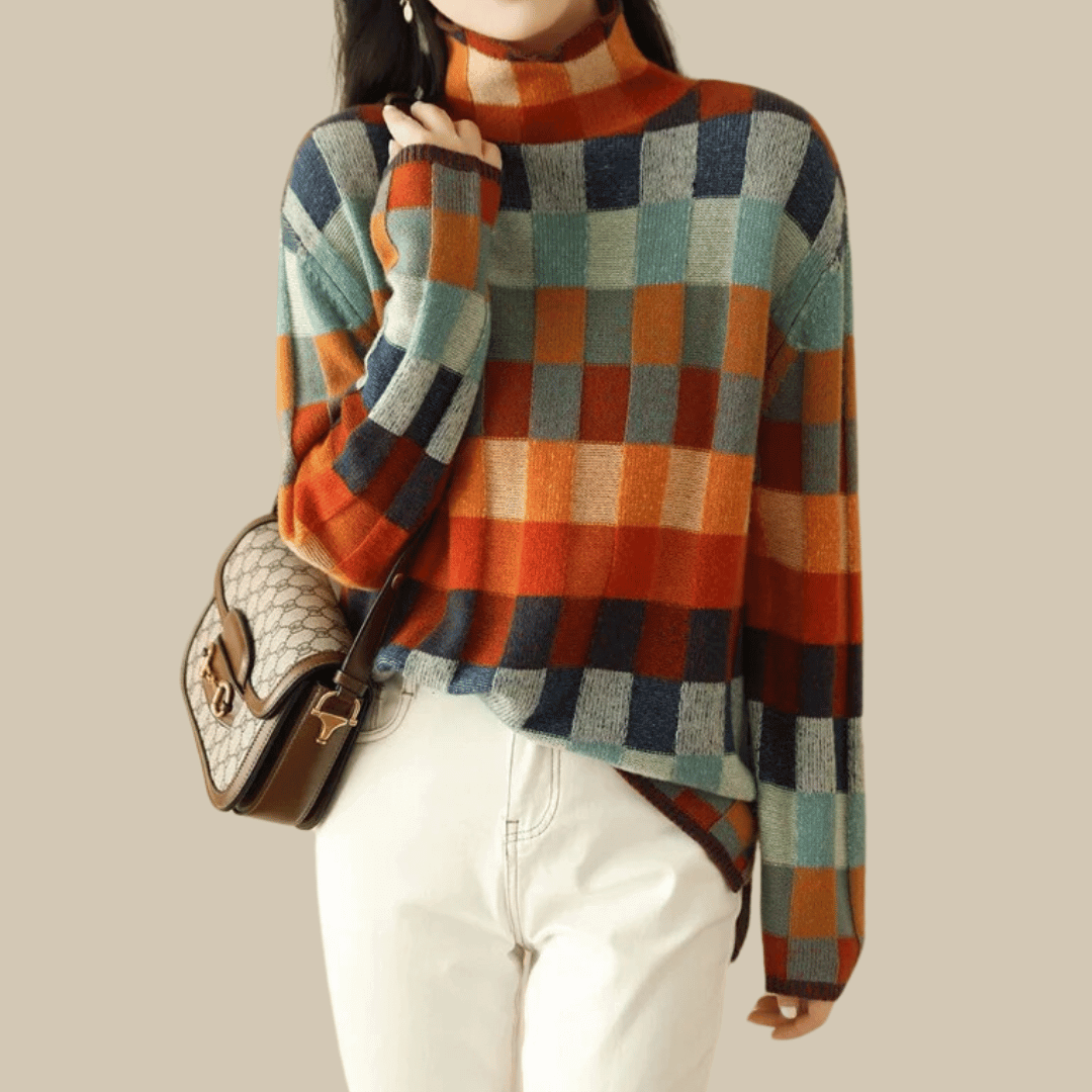 Pull col roulé patchwork femme, chaud et élégant, idéal pour l'hiver. Tricot original pour un style unique.
