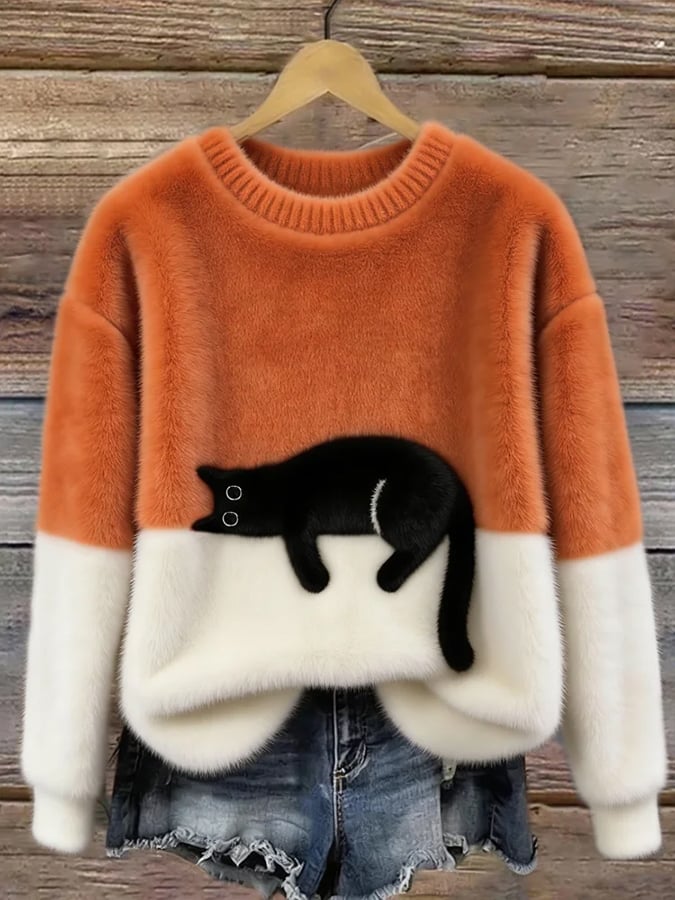 Pull décontracté pour femmes avec motif chat noir, idéal pour un look confortable et stylé.