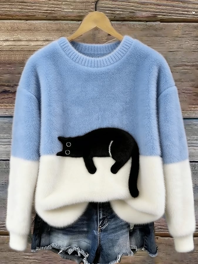 Pull décontracté femme, chaud et doux, avec motif chat unique. Idéal pour l'automne-hiver et le style ludique.