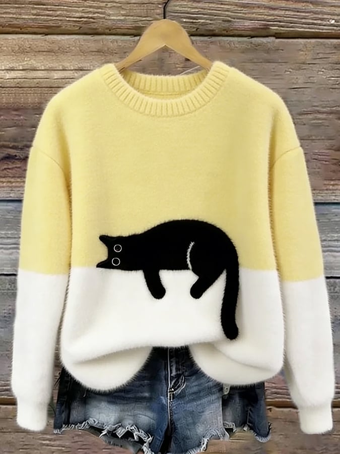 Vêtement femme décontracté: pull doux avec motif chat ludique, idéal pour le quotidien ou les sorties.