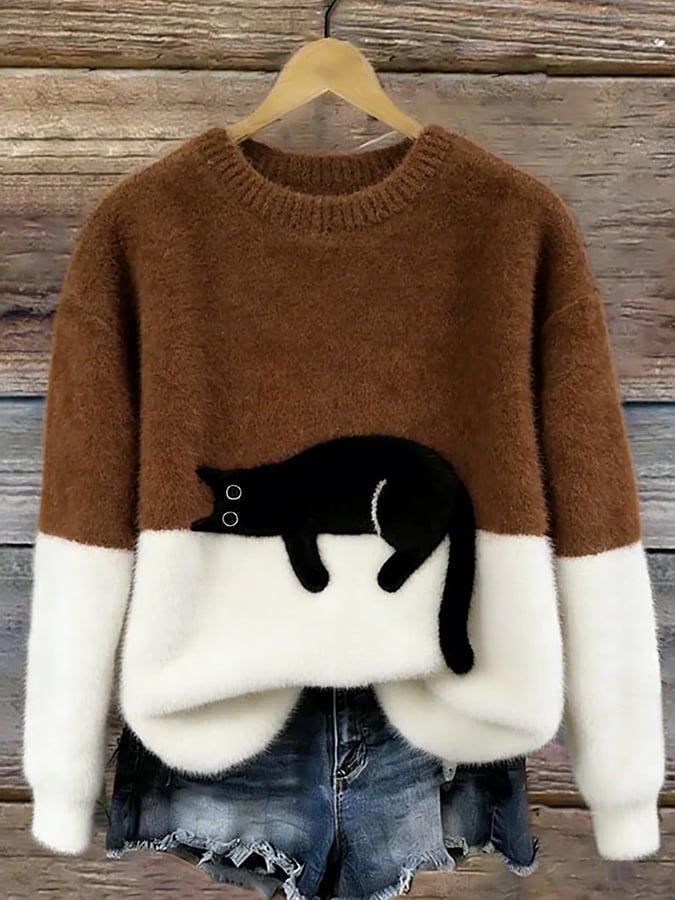 Pull en maille pour femmes, avec motif chat expressif. Un vêtement de mode décontractée qui fait sensation.