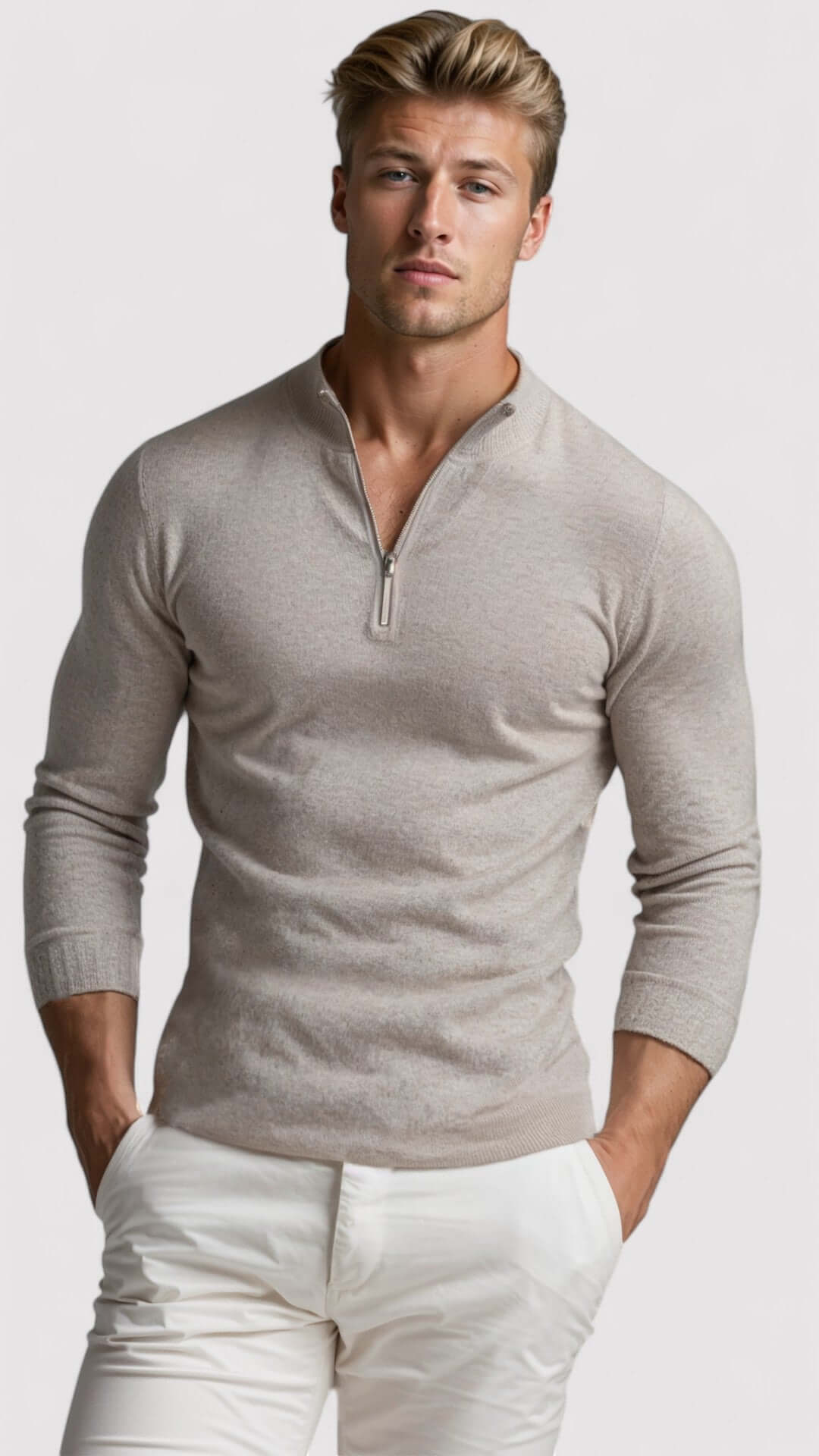 Vue complète d'un pull demi-zip homme, mode hiver confortable et polyvalente, décontracté et élégant.