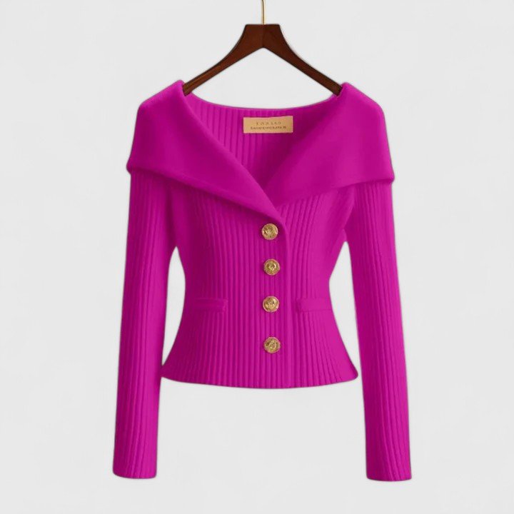 Pull ajusté femme chic épaules dénudées, avec boutons dorés. Vêtement élégant pour soirée.