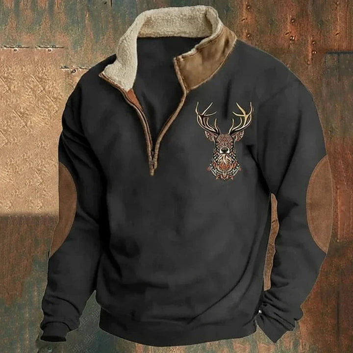 Élégant pull homme à col half-zip avec motif cerf. Doublure polaire et coudières pour chaleur et confort automne-hiver.