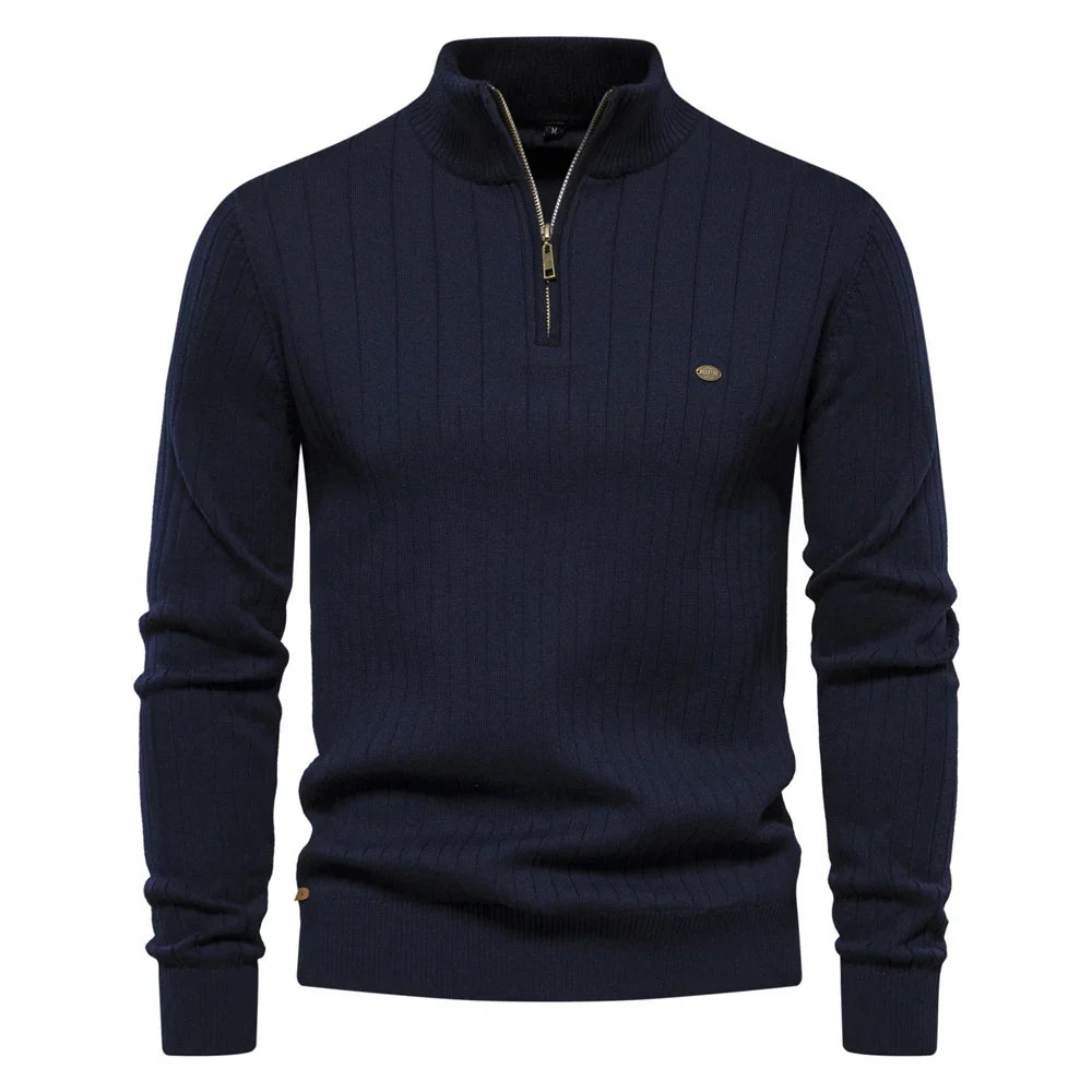 Pull homme zippé élégant en maille pour automne hiver, style décontracté et confort mode masculine.