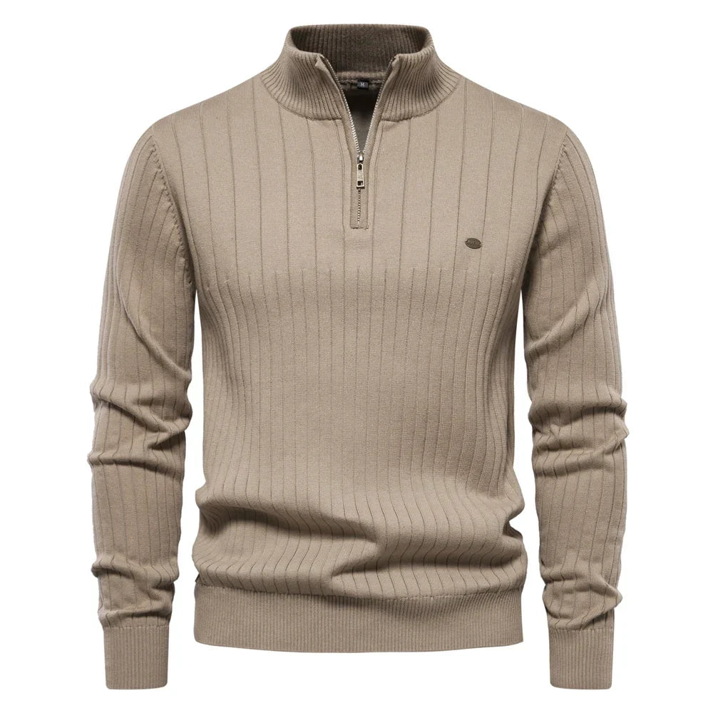 Pull homme décontracté avec fermeture éclair, col montant, parfait pour un look casual et élégant.