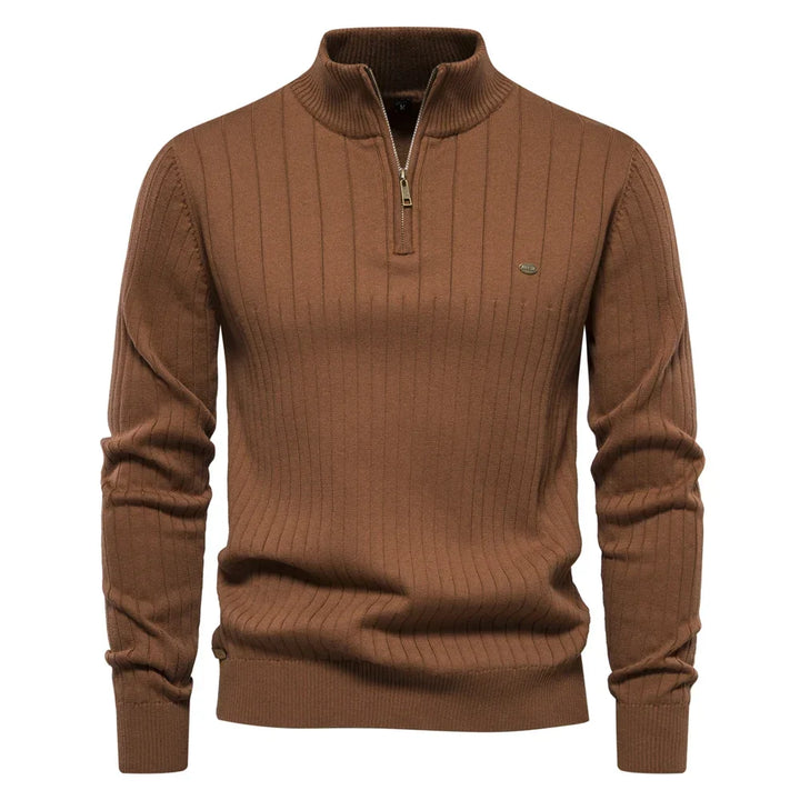 Mode masculine automne hiver: pull zippé homme en maille confortable, style décontracté et moderne.