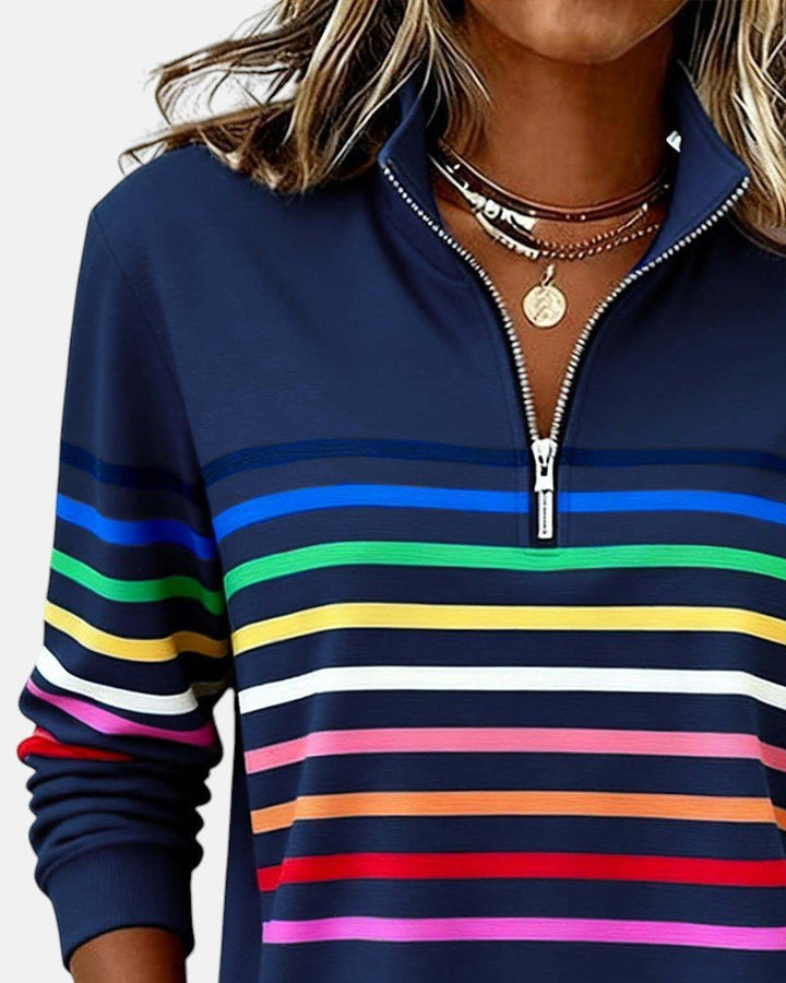 Pull femme rayé, manches longues, maille douce, parfait pour un confort décontracté au quotidien.