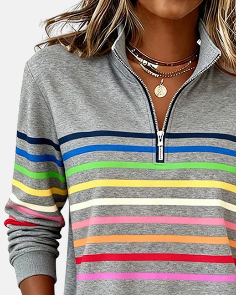 Pull femme à rayures, manches longues, parfait pour un style casual et confortable.