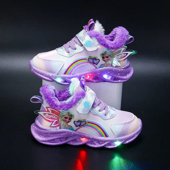 Baskets filles lumineuses roses et violettes, motif princesse. Chaussures LED antidérapantes pour un confort optimal.