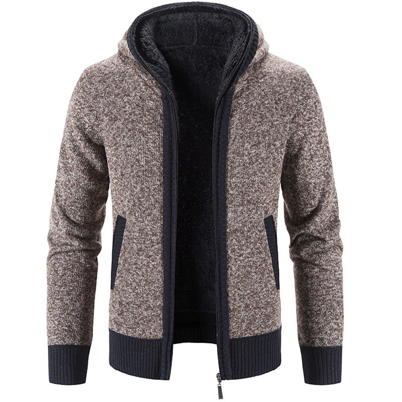 Cardigan homme zippé à capuche confortable, disponible en rouge, bleu, gris. Idéal pour l'automne-hiver.
