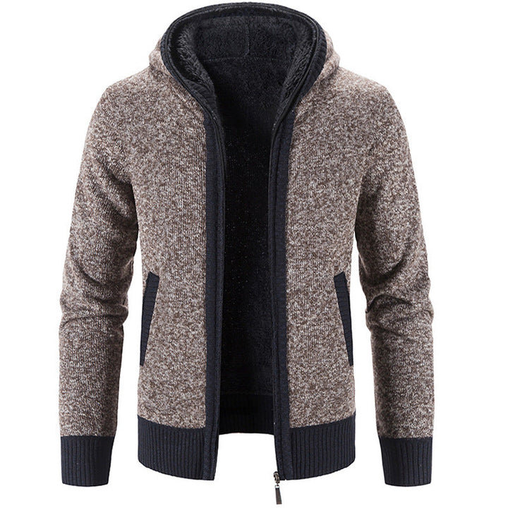 Cardigan homme zippé à capuche confortable, disponible en rouge, bleu, gris. Idéal pour l'automne-hiver.