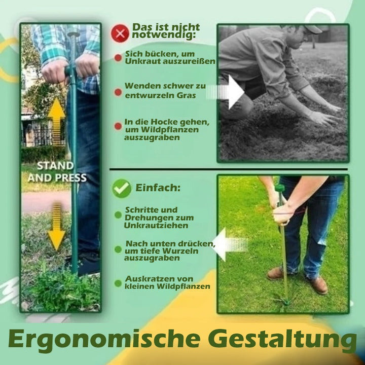 Outil désherbeur anti-mauvaises herbes en action, extrayant les racines sans effort pour un jardin propre.