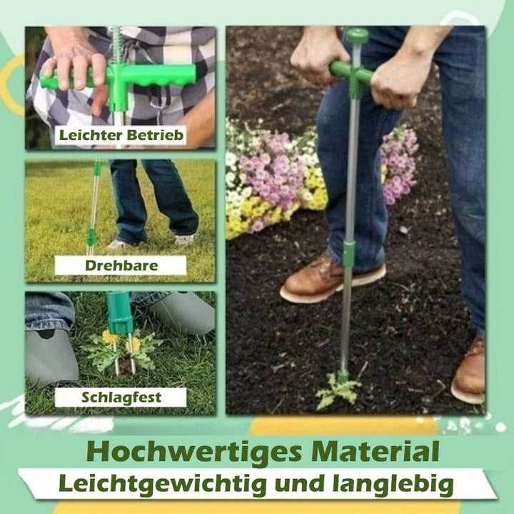 Tête du désherbeur en acier inoxydable robuste, conçue pour extraire efficacement les mauvaises herbes du jardin.