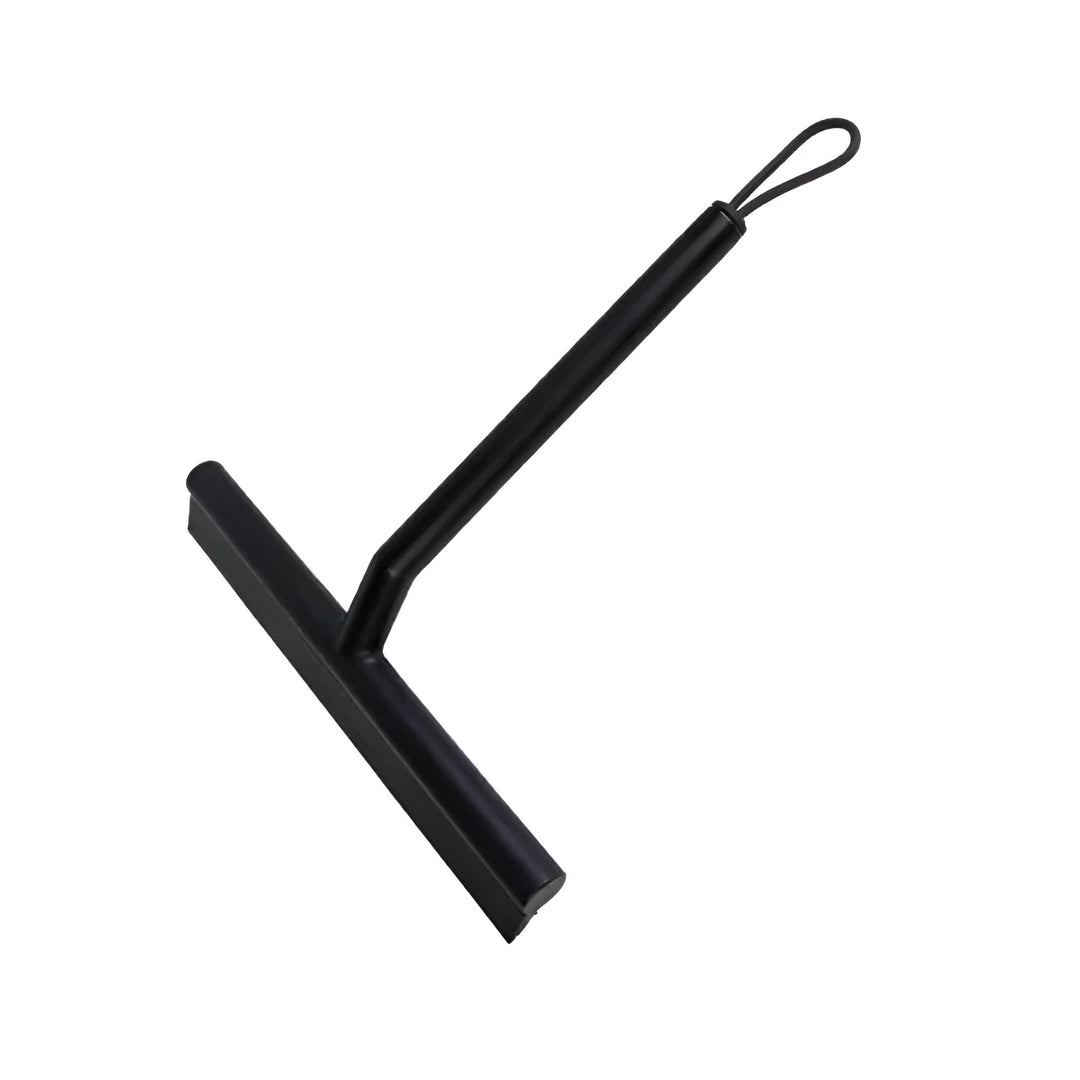 Raclette de douche en silicone noir, ergonomique et anti-traces pour nettoyage facile des vitres et miroirs de salle de bain.