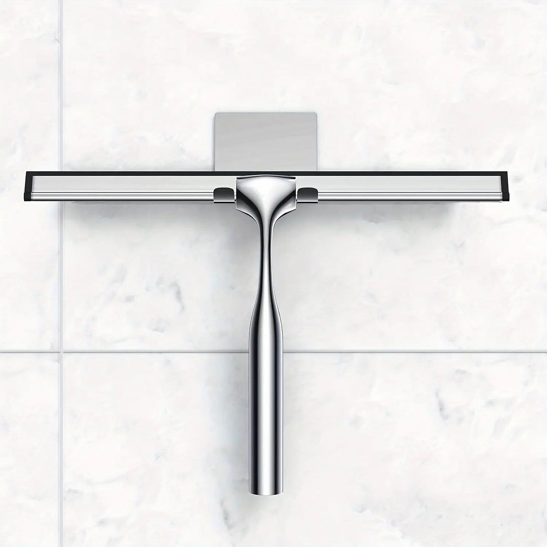 Raclette de douche moderne argentée, design pour entretien facile du verre et des surfaces miroir.