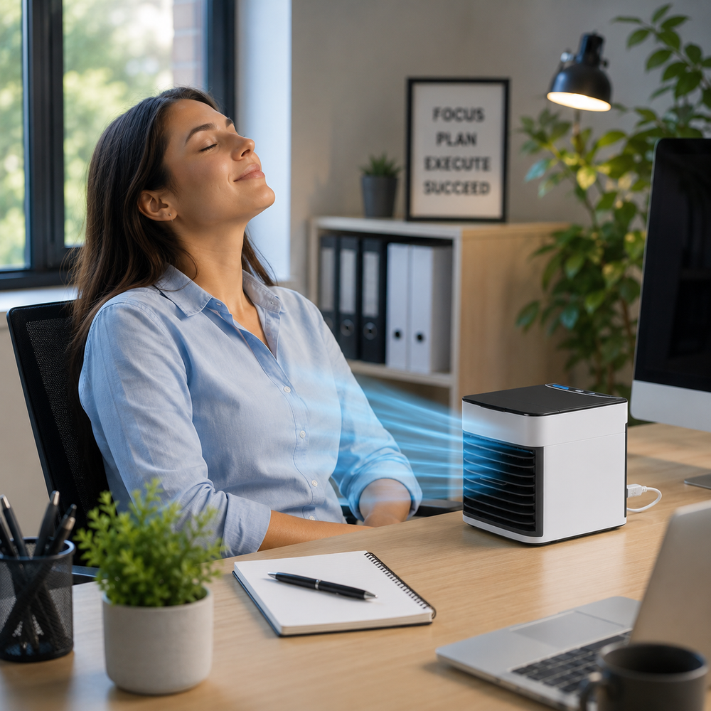 Climatiseur d'appoint compact 3-en-1 avec humidificateur, rafraîchit et purifie l'air silencieusement.
