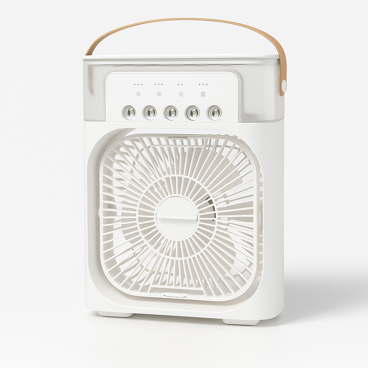 Ventilateur humidificateur USB silencieux sur un bureau moderne, offrant air frais et confort estival.