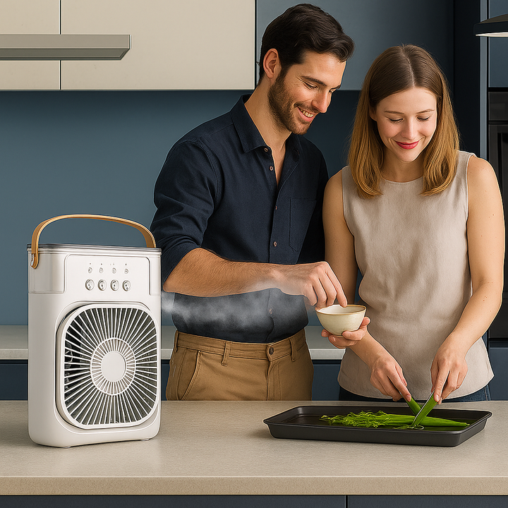 Humidificateur et ventilateur USB pour une ambiance fraîche au bureau. Design moderne et discret.