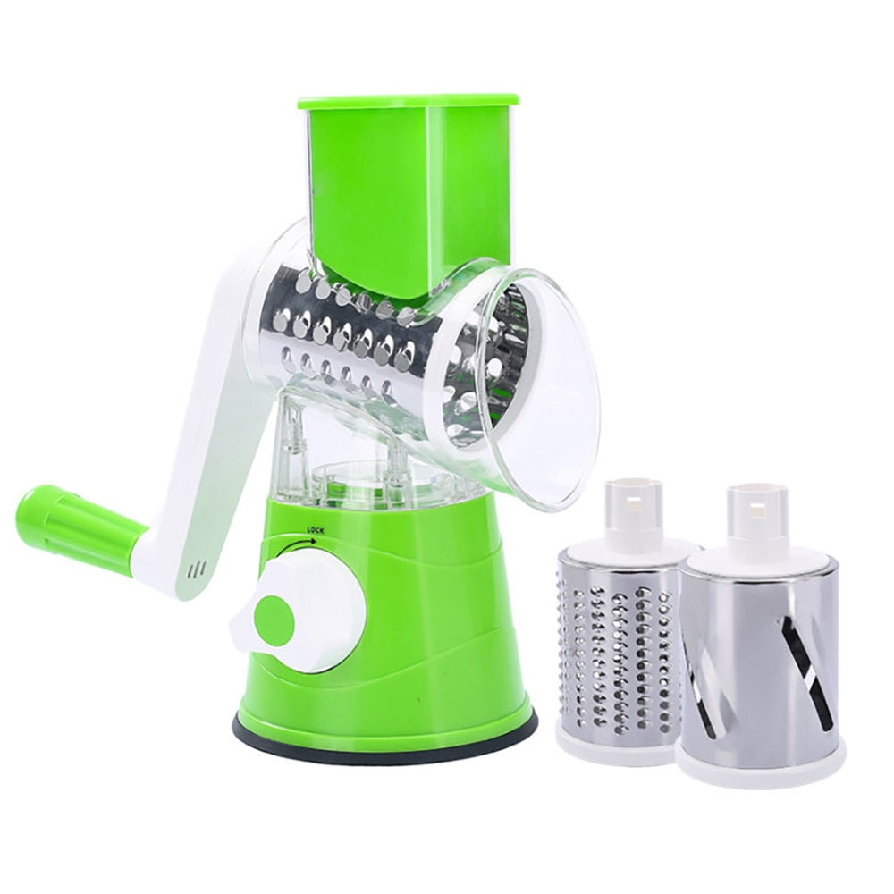 Râpe rotative manuelle 3-en-1 pour râper légumes et fromage. Ustensile cuisine facile, gain de temps.