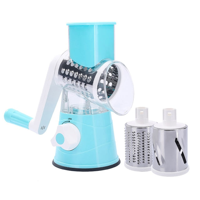 Accessoire cuisine essentiel: râpe rotative manuelle 3-en-1. Pour fromages râpés et légumes coupés facilement.