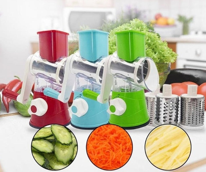 Découpe légumes et fromages rapide avec cette râpe rotative manuelle 3-en-1. Accessoire cuisine facile à utiliser.