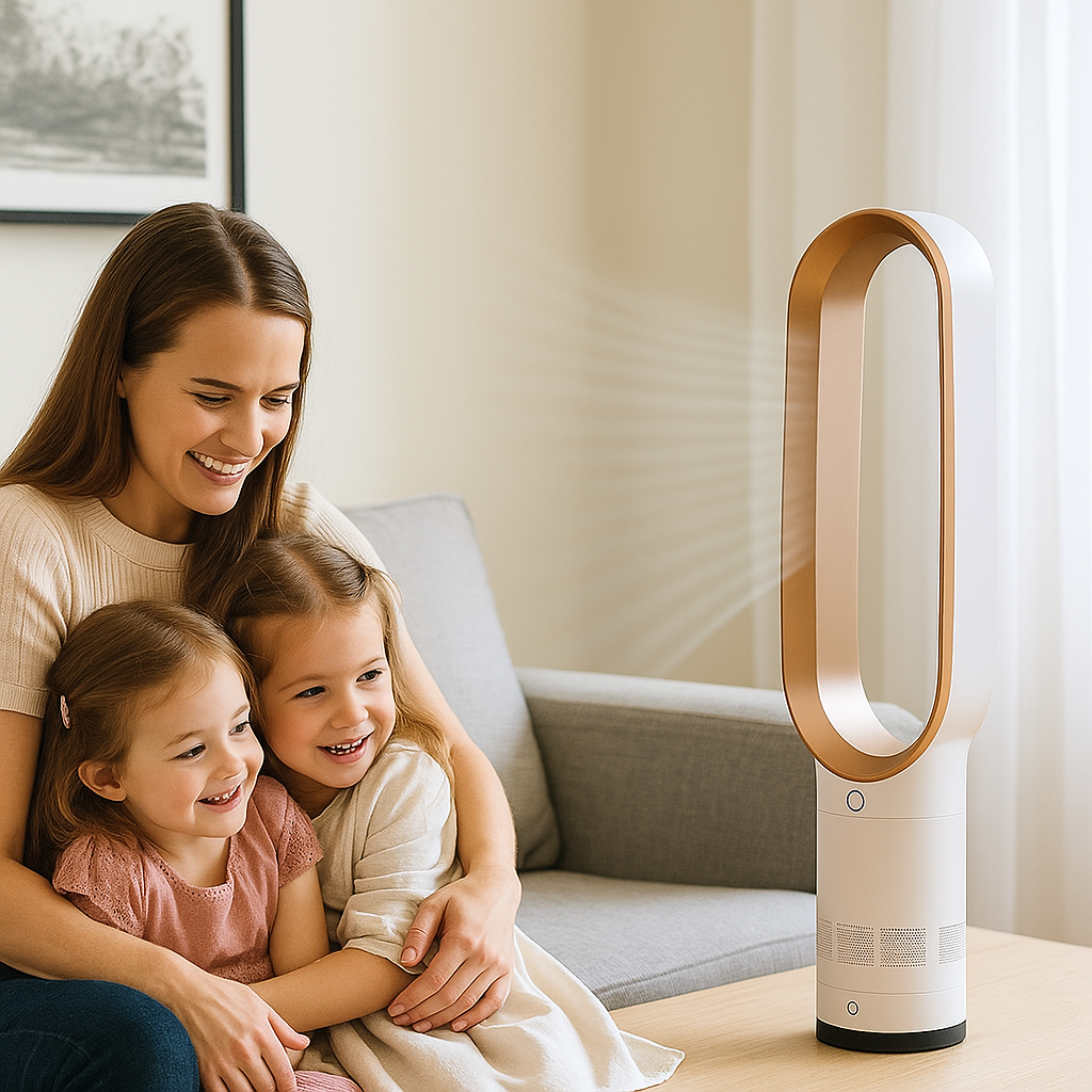 Refroidisseur d'air et ventilateur sans pales, design moderne et sûr pour un intérieur frais et ventilé.