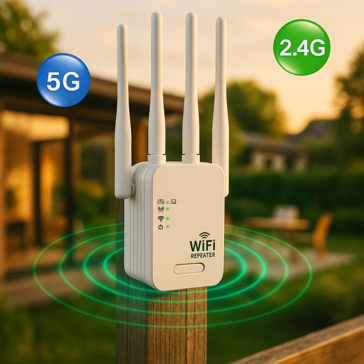 Répéteur Wi-Fi extérieur 1200 Mb/s double bande pour internet jardin et couverture sans fil maison.