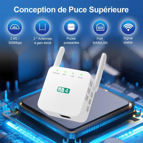 Éliminez les zones mortes avec cet amplificateur réseau, boostant votre signal WiFi longue portée.