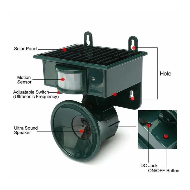 Répulseur solaire écologique à ultrasons pour protéger le jardin des chauves-souris et nuisibles, sans fil.