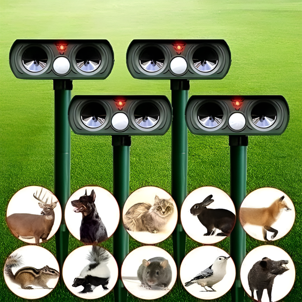Répulsif animaux et nuisibles à ultrasons solaire infrarouge, solution écologique pour extérieur.