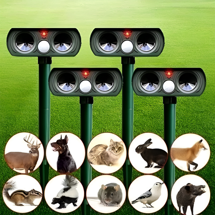 Répulsif animaux et nuisibles à ultrasons solaire infrarouge, solution écologique pour extérieur.