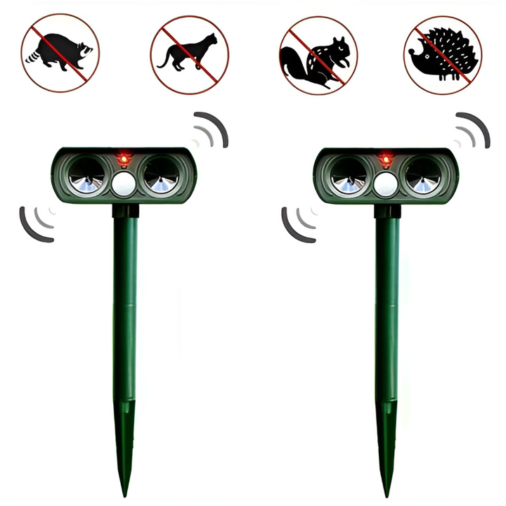 Répulsif solaire pour animaux et nuisibles, technologie infrarouge et ultrasons pour jardin.