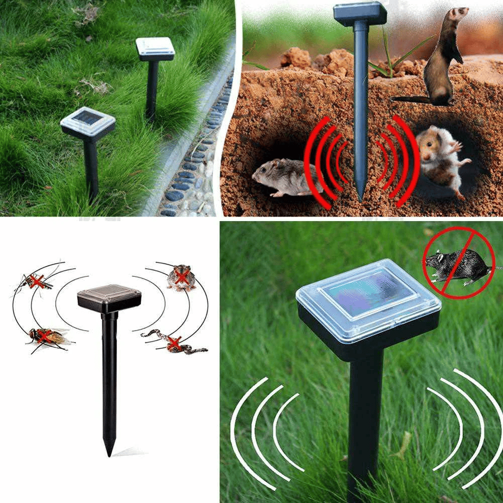 Répulsif solaire extérieur planté, éloignant taupes, rongeurs et serpents du jardin sans produits chimiques.
