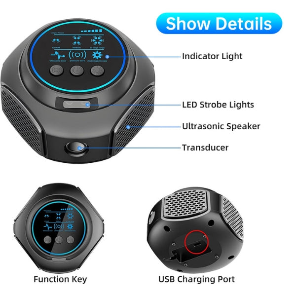 Dispositif compact répulsif ultrasonique silencieux pour rongeurs. Contre rats et souris, usage intérieur/extérieur.