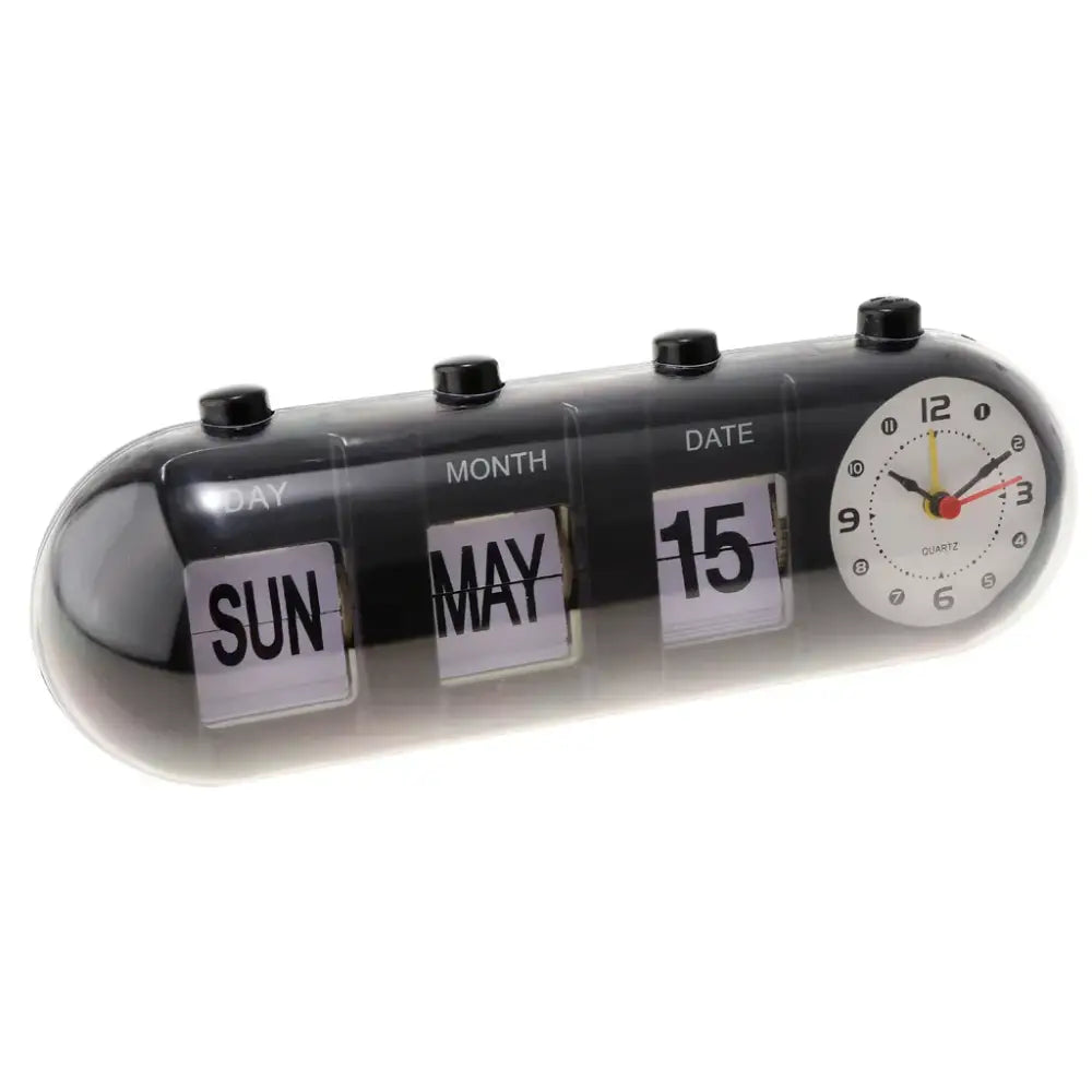 Élégante horloge de table rétro avec calendrier intégré et cadran analogique. Idéale pour décor de maison ou bureau.
