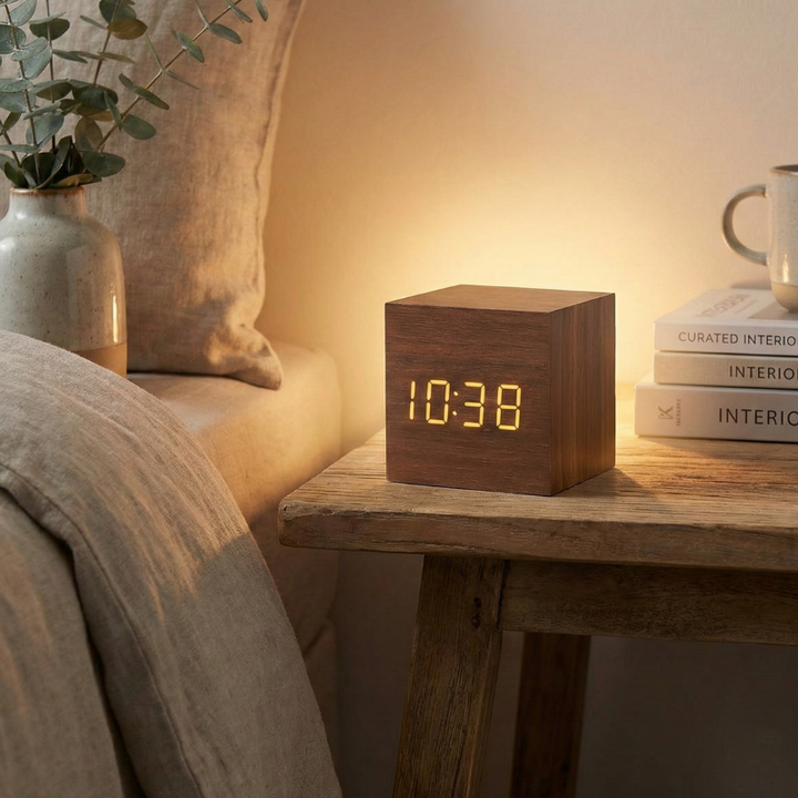 Horloge de chevet numérique effet bois avec fonction réveil lumière aube et affichage LED lisible. Décoration élégante.