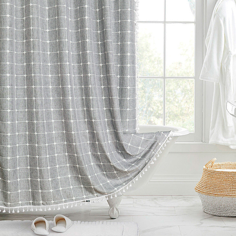 Rideau de douche bohème chic en lin avec motifs élégants pour décorer votre salle de bain.