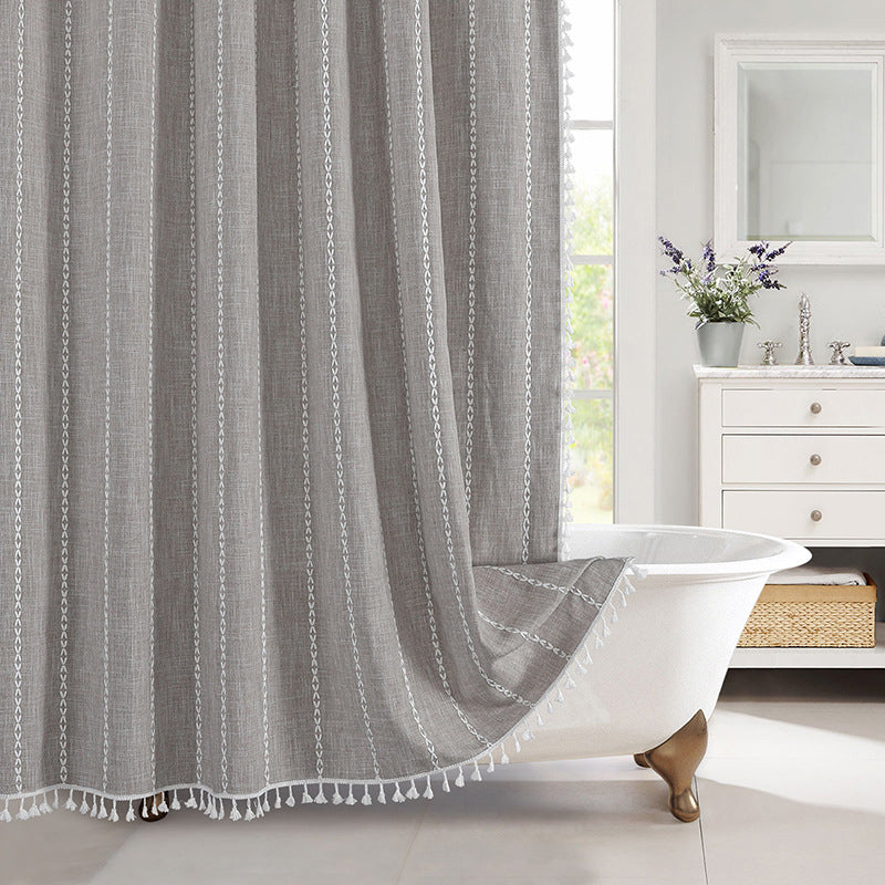 Rideau de douche bohème en lin imperméable pour salle de bain élégante, motifs décoratifs.