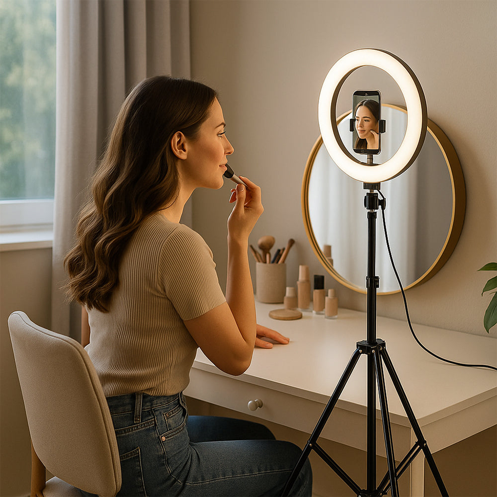 Anneau lumineux LED professionnel avec trépied ajustable pour photo, vidéo et streaming.